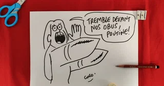 Affiche de Croquer l'info : dessins satiriques de Coco et Juin, réalisés lors de la rencontre « Guerre en Ukraine la voix des femmes »